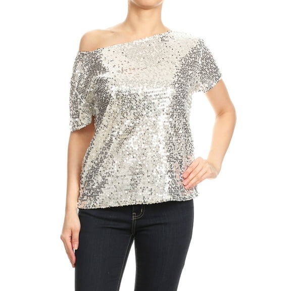 Womens Off-shoulder Sexy Blouses Loose Shirt Tops Glistening Sequin Tank Top Blouse