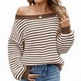 thumbnail image 1 of Womens Off the Shoulder 2025 Fall Winter Long Sleeve Striped Sweater Oversized Knitted Pullover Tops Coffee Color M, 1 of 6