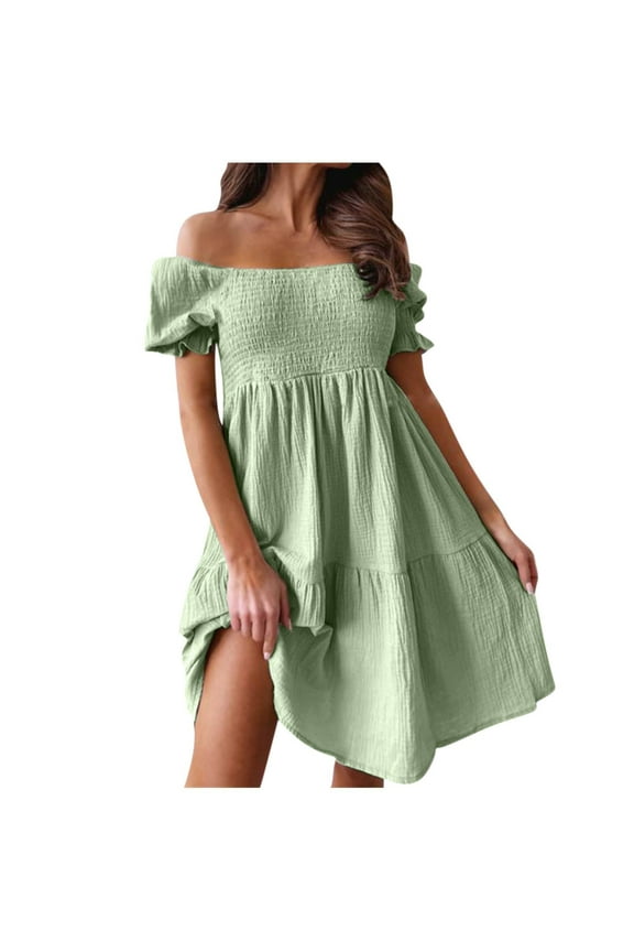 Womens Off the Shoulder Dress Smocked Tiered Puff Short Sleeve Midi Dresses Elastic Square Neck Layered Swing A Line Sundress