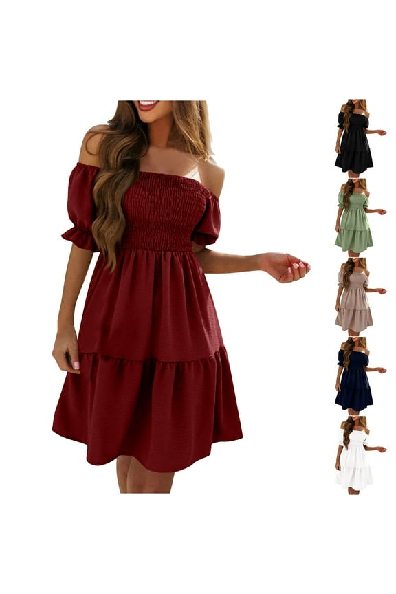 Womens Off the Shoulder Dresses, 3/4 Bell Sleeve Floral Print Mini Dress, Tunic Casual Chiffon Boho Vacation Sundress