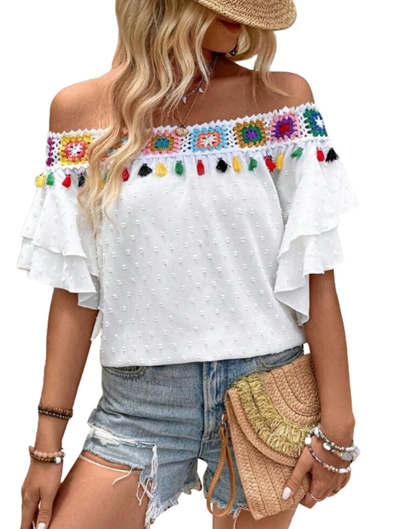 Womens Off the Shoulder Floral Crochet Tassel Embroidered Tops