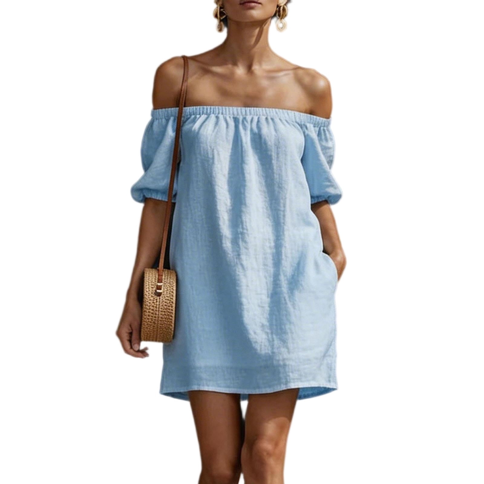 cute dresses that cover shoulders QIGUANDZ Womens Off the Shoulder Summer Linen Mini Dresses, Puff Sleeve Loose Beach Ups Tunic Dress with Pockets, Women's, Size: Medium Color:Floral Dress 3-6-9-12-18 Month shoulder cover up for evening dress Strapless Empire Waist Prom Avec Les Filles Asymmetric