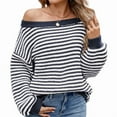 thumbnail image 1 of Womens Off the Shoulder Sweater 2025 Fall Winter Long Sleeve Striped Sweater Oversized Knitted Pullover Tops Dark Gray Blue L, 1 of 6