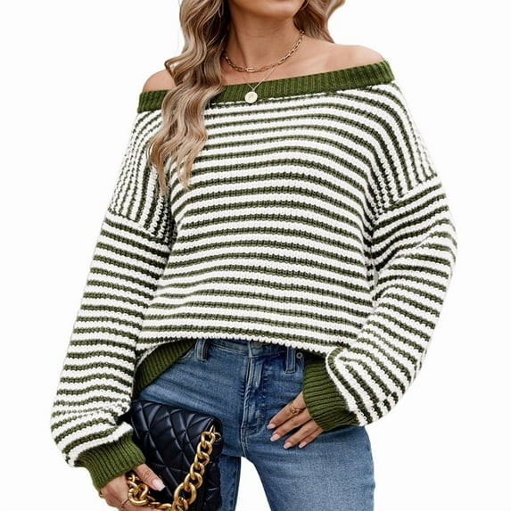 Womens Off the Shoulder Sweater 2025 Fall Winter Long Sleeve Striped Sweater Oversized Knitted Pullover Tops Olive Green L