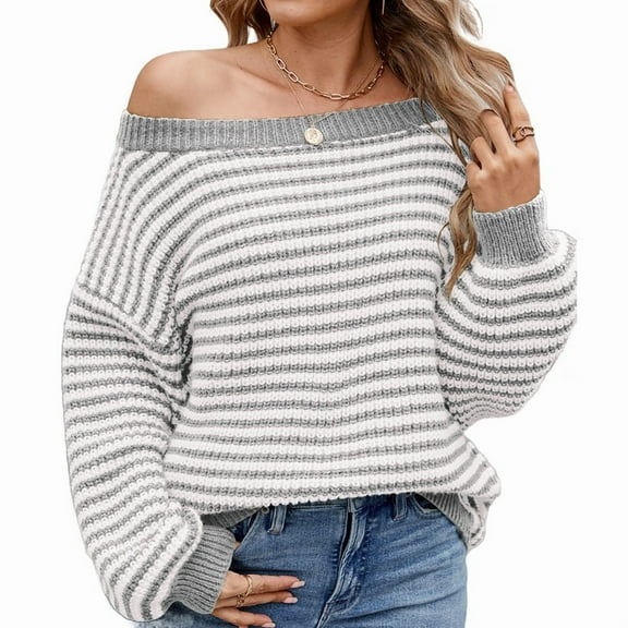 Womens Off the Shoulder Sweater 2025 Fall Winter Long Sleeve Striped Sweater Oversized Knitted Pullover Tops Silver Grey M
