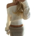 thumbnail image 1 of Womens Off the Shoulder Sweater Cinched Waist Tops Cozy Sweaters Asymmetrical Top Fall Outfits Loose Fit Cream White S, 1 of 10