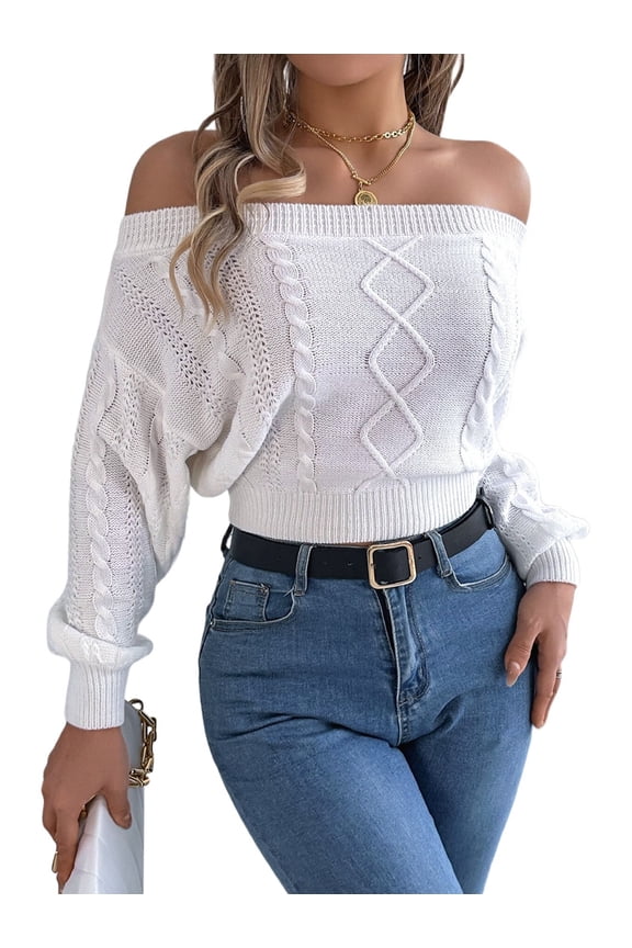 Womens Off the Shoulder Sweater Solid Cable Knitted Pullover Jumper Top Casual Long Sleeve Cropped Sweaters White M