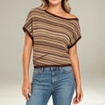 thumbnail image 1 of Womens Off the Shoulder Tops Short Sleeve Striped Shirt Slim Fit Hollow Out Crop Tops Summer Y2K Crochet Top Summer Going Out T Shirts(Khaki,XL), 1 of 3