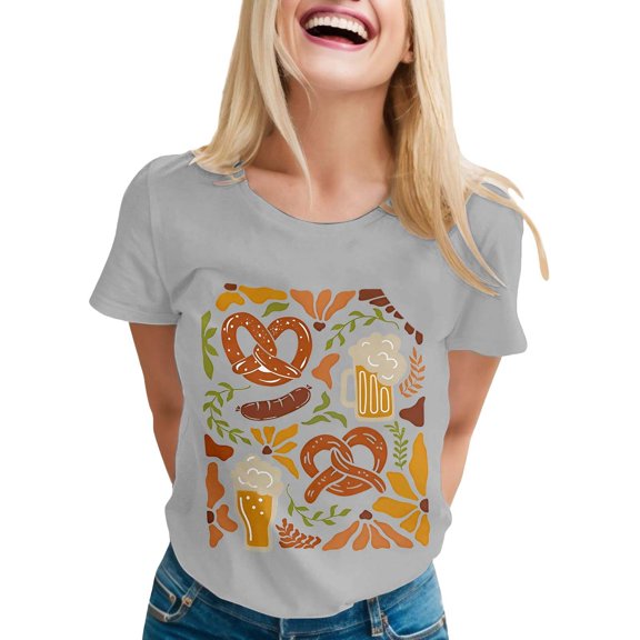 Womens Oktoberfest Basic T-Shirts Round Neck Graphic Printed Short Sleeve Tops 2025 Blouses Vacation Fashion Outfit Clothes