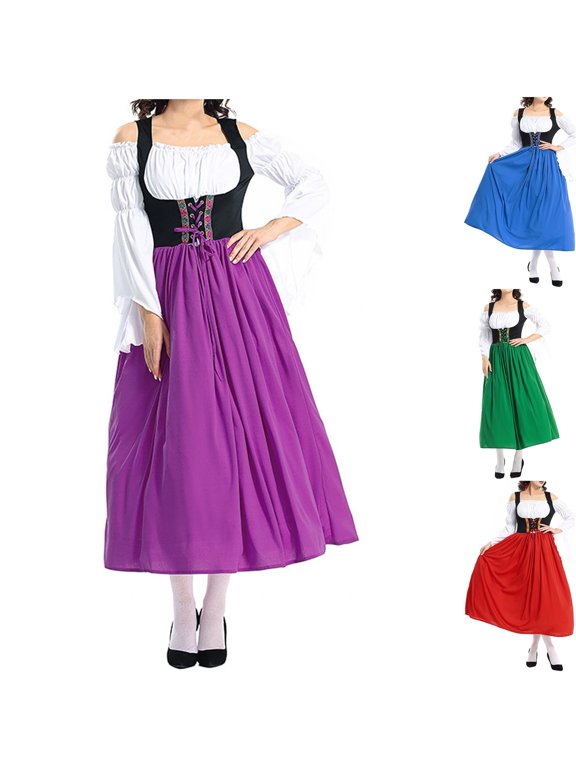 Womens Oktoberfest Dirndl Dress Off Shoulder Lace Up Corset Bell Sleeve Maxi Swing Gown for Halloween Costume Beer Garden Party, Purple, L