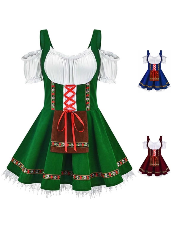 Womens Oktoberfest Dress Bavarian Beer Girl Costume Dirndl Lace Up Renaissance Wench A Line Dress for Halloween Cosplay, Green, S