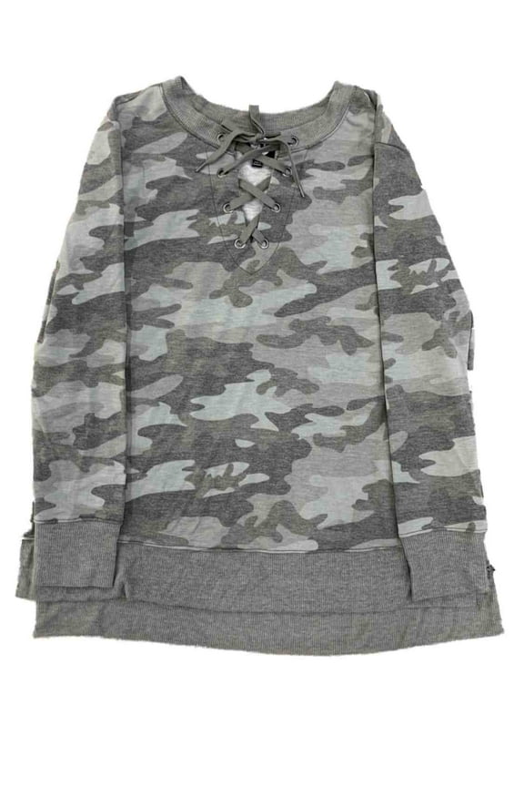 Womens Olive Grey Camo Front Lace-Up Lightweight Sweatshirt Shirt Top Small