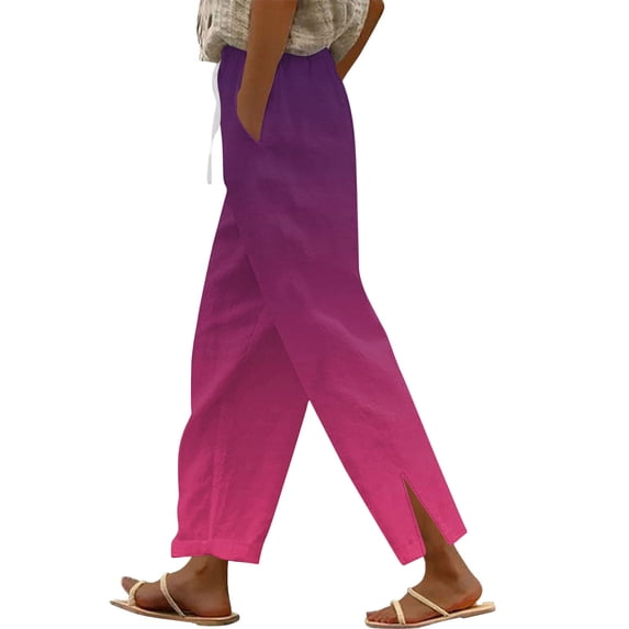 Womens Ombre Straight Leg Linen Pants Drawstring Side Slit Casual Trousers with Pockets Summer High Waisted Boho PantsHot Pink