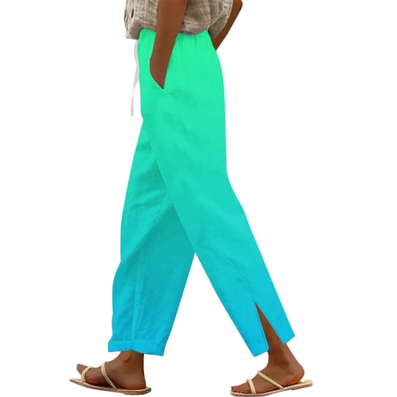 Womens Ombre Straight Leg Linen Pants Drawstring Side Slit Casual Trousers with Pockets Summer High Waisted Boho PantsMint Green
