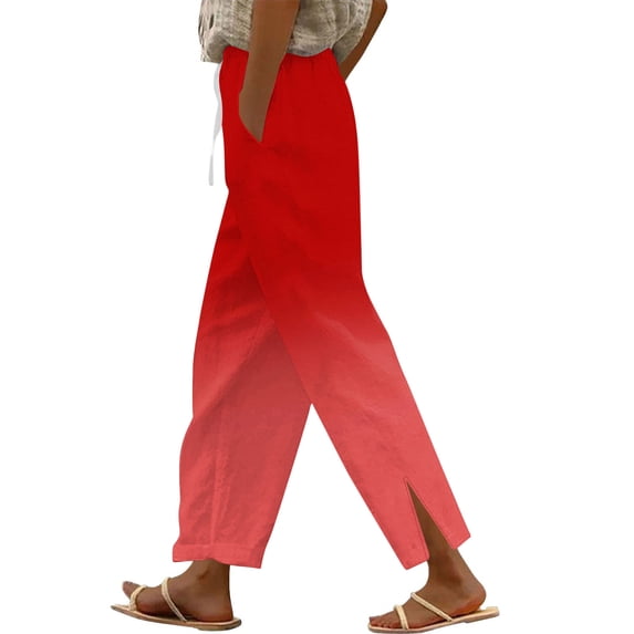 Womens Ombre Straight Leg Linen Pants Drawstring Side Slit Casual Trousers with Pockets Summer High Waisted Boho PantsRed