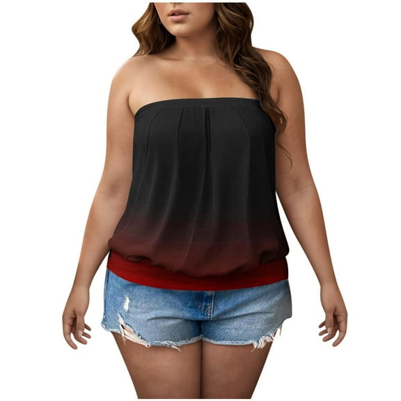 Womens Ombre Tie Dye Tube Tops Plus Size Casual Summer Backless Strapless Top Sleeveless Bandeau Tanks Shirt