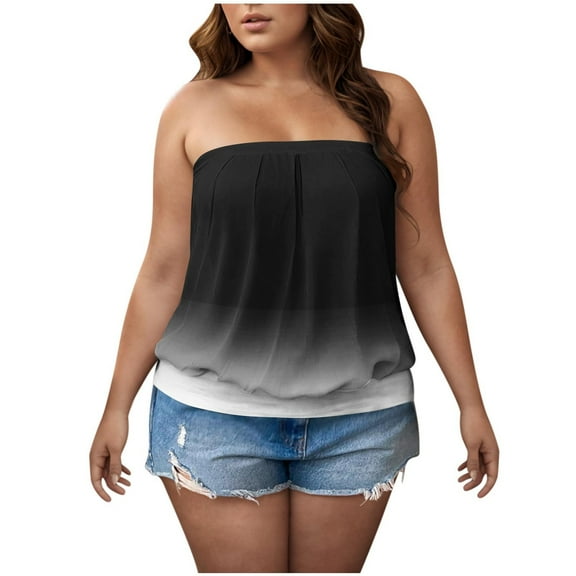 Womens Ombre Tie Dye Tube Tops Plus Size Casual Summer Backless Strapless Top Sleeveless Bandeau Tanks Shirt