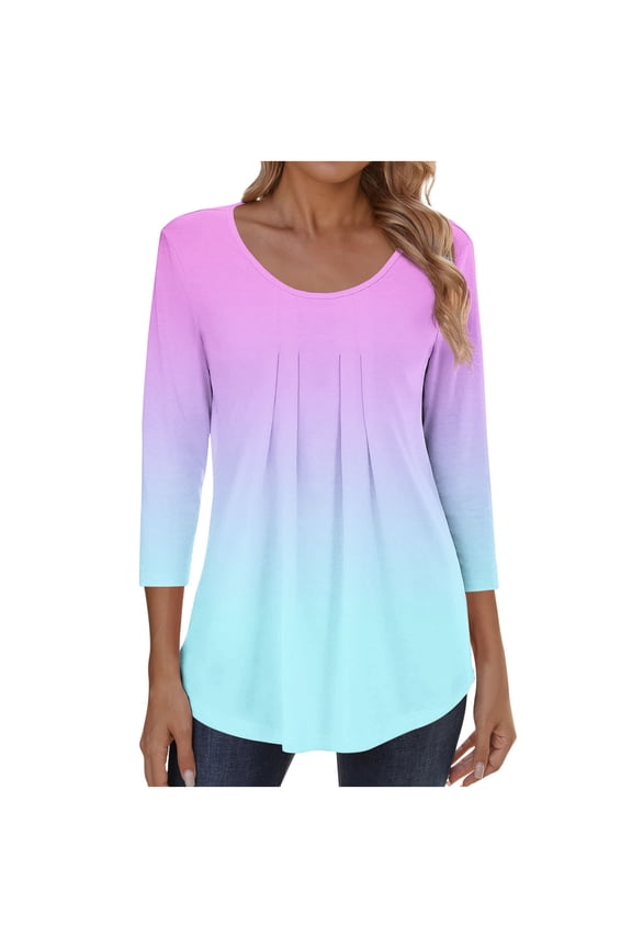 Womens Ombre Tie Dye Tunic Tops, 3/4 Sleeve Shirts for Women Fall Fashion Loose Fit Pleated Crewneck Dressy Blouses