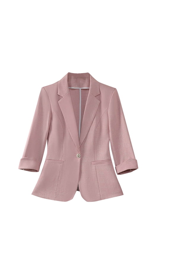 Womens One Button Blazer Notch Laple Collar 3/4 Sleeve Business Casual Outfits Open Front Suit Jackets (2XL, Pink)