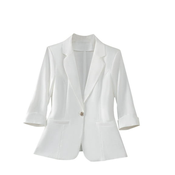 Womens One Button Blazer Notch Laple Collar 3/4 Sleeve Business Casual Outfits Open Front Suit Jackets (4XL, White)