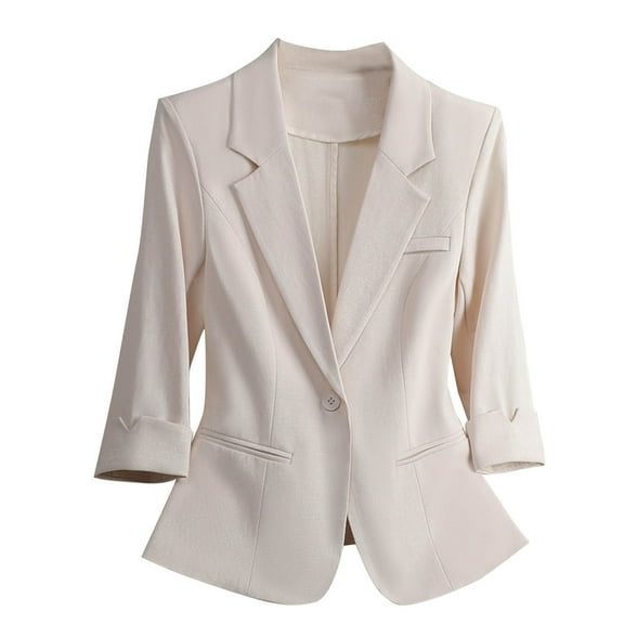 Womens One Button Blazer Notch Laple Collar 3/4 Sleeve Business Casual Outfits Open Front Suit Jackets (M, Beige-A)