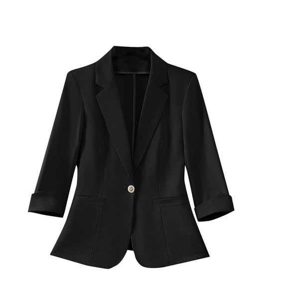 Womens One Button Blazer Notch Laple Collar 3/4 Sleeve Business Casual Outfits Open Front Suit Jackets (S, Black)