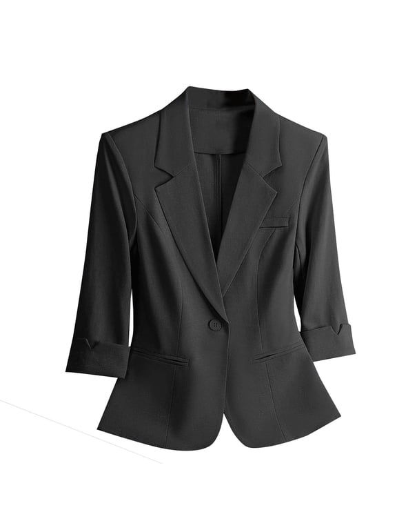 Womens One Button Blazer Notch Laple Collar 3/4 Sleeve Business Casual Outfits Open Front Suit Jackets (XL, Black-A)