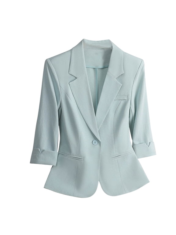 Womens One Button Blazer Notch Laple Collar 3/4 Sleeve Business Casual Outfits Open Front Suit Jackets (XL, Blue-A)