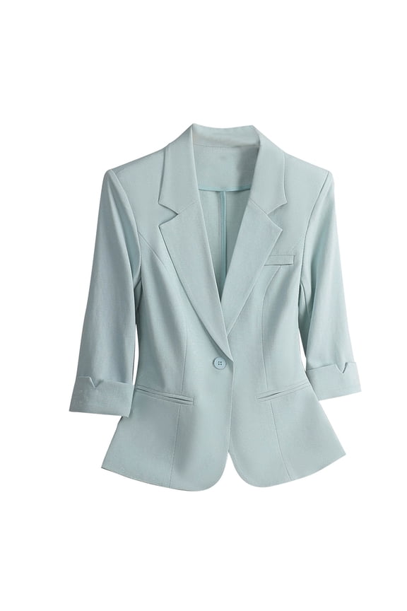 Womens One Button Blazer Notch Laple Collar 3/4 Sleeve Business Casual Outfits Open Front Suit Jackets (XL, Blue-A)