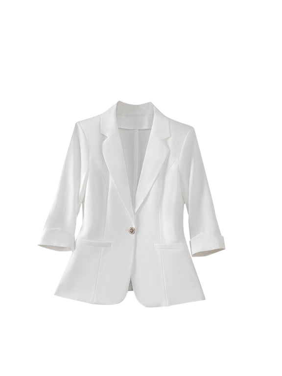 Womens One Button Blazer Notch Laple Collar 3/4 Sleeve Business Casual Outfits Open Front Suit Jackets (XL, White)