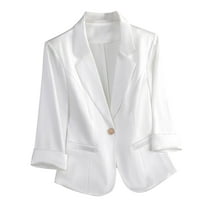 Womens One Button Blazer Textured 3/4 Sleeve Notch Laple Collar Suit Jacket with Pockets Business Casual Outfits (XL, White)