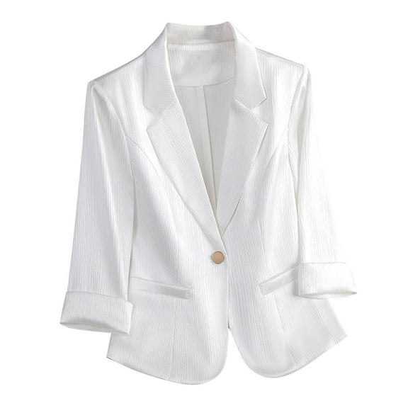 Womens One Button Blazer Textured 3/4 Sleeve Notch Laple Collar Suit Jacket with Pockets Business Casual Outfits (XL, White)
