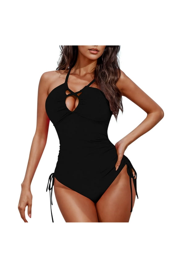 Womens One Piece Bathing Suit Open Back Halter/One Shoulder Slimming Beach Summer Outfit Cute Swimwear (XL, Black #A)