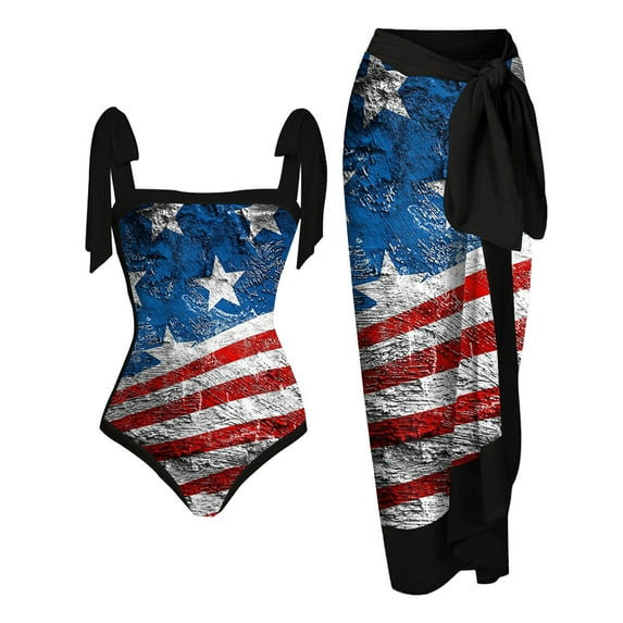 Womens One-Piece Bikini Lace Up Independence Day Print Swimsuit Long Skirt Two-Piece Sets Swimwear