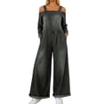 thumbnail image 1 of Womens One Piece Jumpsuit Denim Print Long Sleeve Relaxed Fit with Pockets Black L, 1 of 6