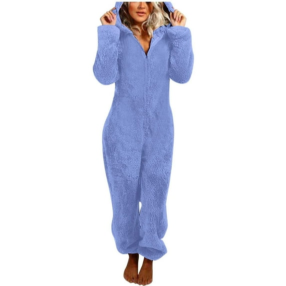 Womens One Piece Jumpsuit Pajamas Autumn And Winter Solid Color Long Sleeved Zipper Hooded Sleepwear