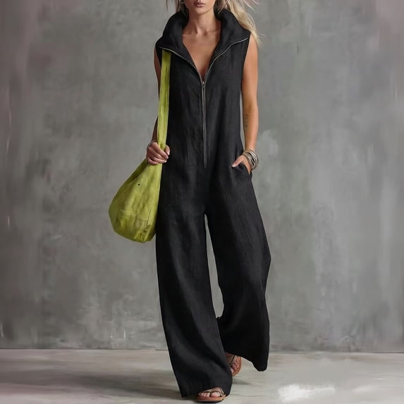 Womens One Piece Jumpsuit Sleeveless Hooded V-Neck Zipper Front Loose Fit Jumpsuit with Pockets, S