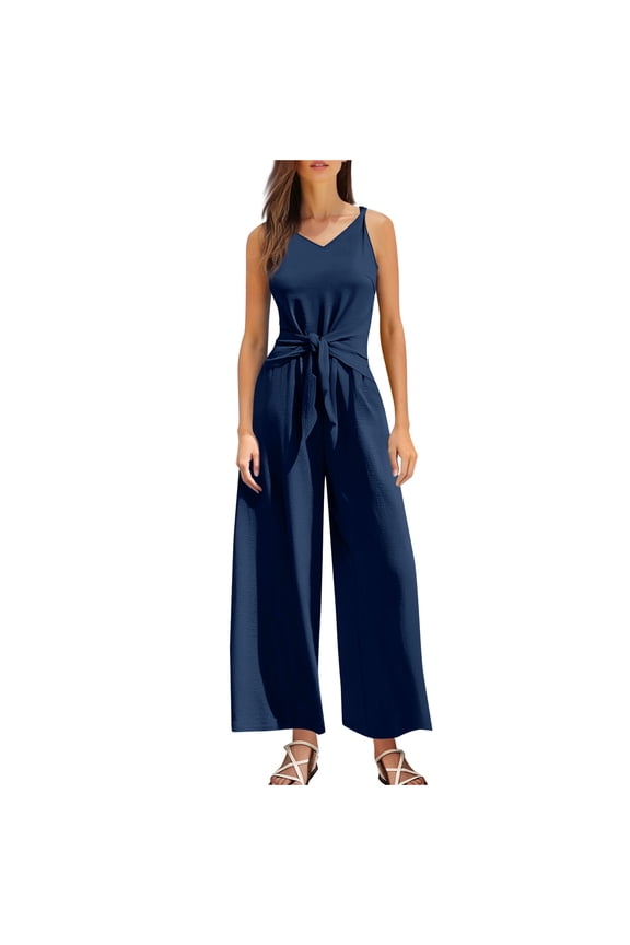Womens One Piece Jumpsuits Casual Sleeveless Straps Crewneck Wide Leg Pants Jumpers With Belt