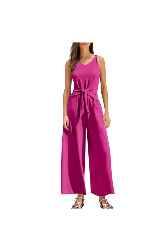 Womens One Piece Jumpsuits Casual Sleeveless Straps Crewneck Wide Leg Pants Jumpers With Belt
