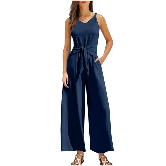Womens One Piece Jumpsuits Casual Sleeveless Straps Crewneck Wide Leg Pants Jumpers With Belt