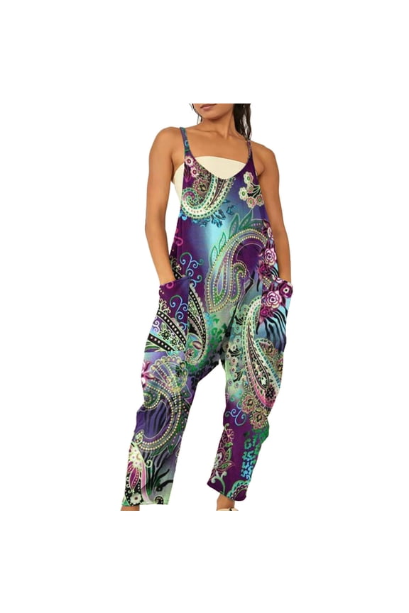 Womens One Piece Jumpsuits Casual Sleeveless Straps Crewneck Wide Leg Pants Jumpers With Pockets