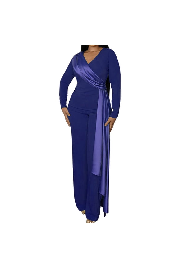 Womens One Piece Jumpsuits Dressy Long Sleeve Slim High Waisted Ribbon Rompers Trendy V-Neck Solid Elegant Wedding Guest Wide Leg Pants Jumpsuit