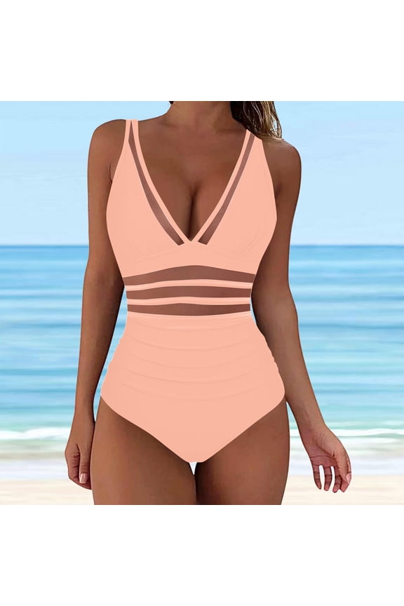 Womens One Piece Mesh Swimsuits High Waisted Push Up V-Neck Bodycon Slim Fit Patchwork Bathing Suits