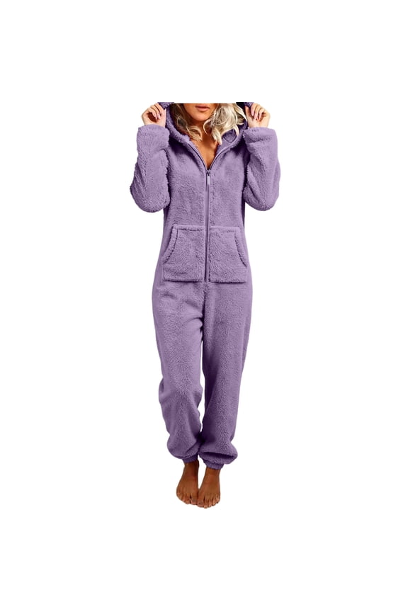 Womens One Piece Pajamas Casual Comfort Long Sleeve One Piece Onesies Pajamas Fall Winter Rompers Sleepwear Loungewear with Pockets