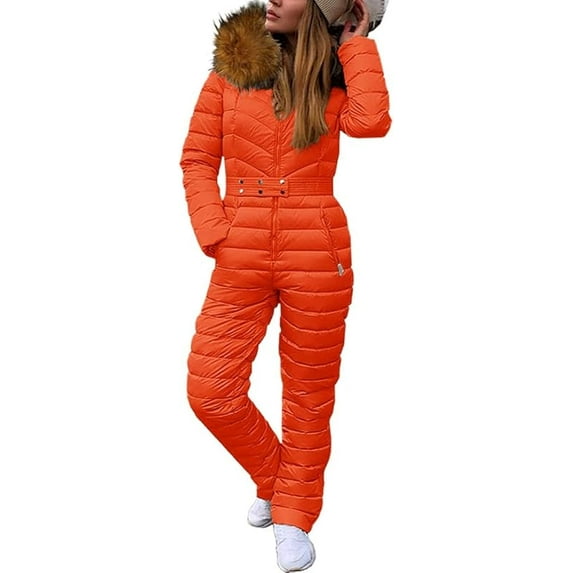 Womens One Piece Ski Suits Winter Outdoor Sports Jumpsuit Fur Collar Coat Windproof Waterproof Hooded Snowsuit