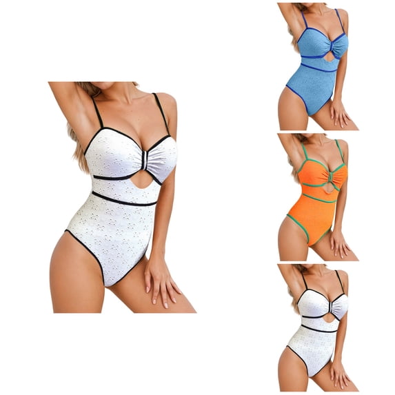 Womens One Piece Square Neck High Waisted Tummy Control Swimsuit - Solid Color Boho Cutout Vintage Bathing Suit for Beach Summer