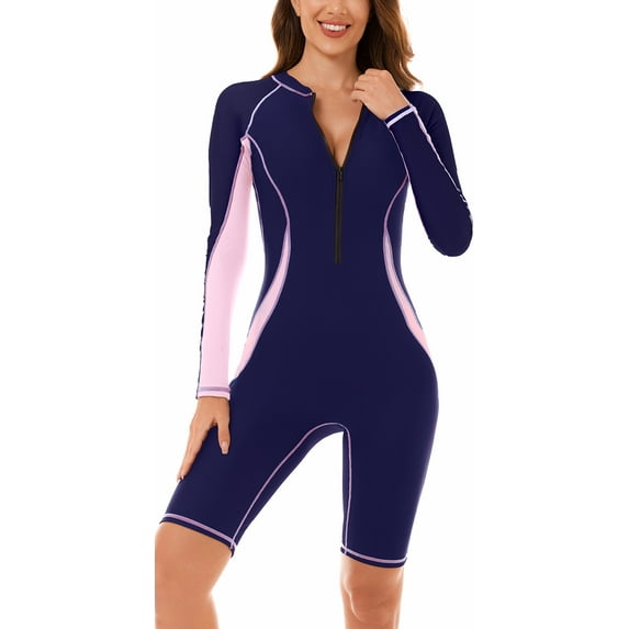 Womens One Piece Surfing Swimsuit Long Sleeve Knee High Rash Guard Athletic Surfing Bathing Suit Half Zipper UPF 50+ Swimwear Summer Printed Sport Surfwear