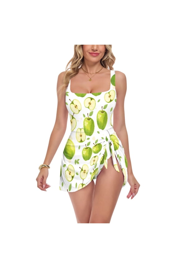 Womens One-Piece Swimdress Apples Pattern Tummy Control Swimsuit Medium