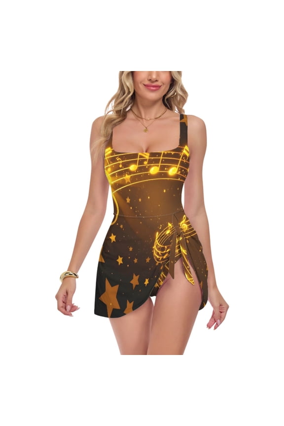 Womens One-Piece Swimdress Glitter Musical Notes Tummy Control Swim Skirt X-Large