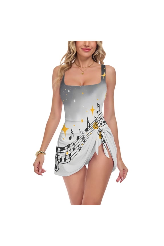 Womens One-Piece Swimdress Musical Notes Stars Pattern Tummy Control Bathing Suit Large